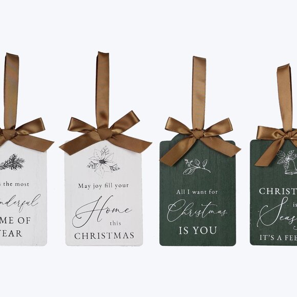 4-Piece Wintergreen, White Ornaments/Gift Tags Silky Ribbon Bow, Festive Sayings - Picture 1 of 5